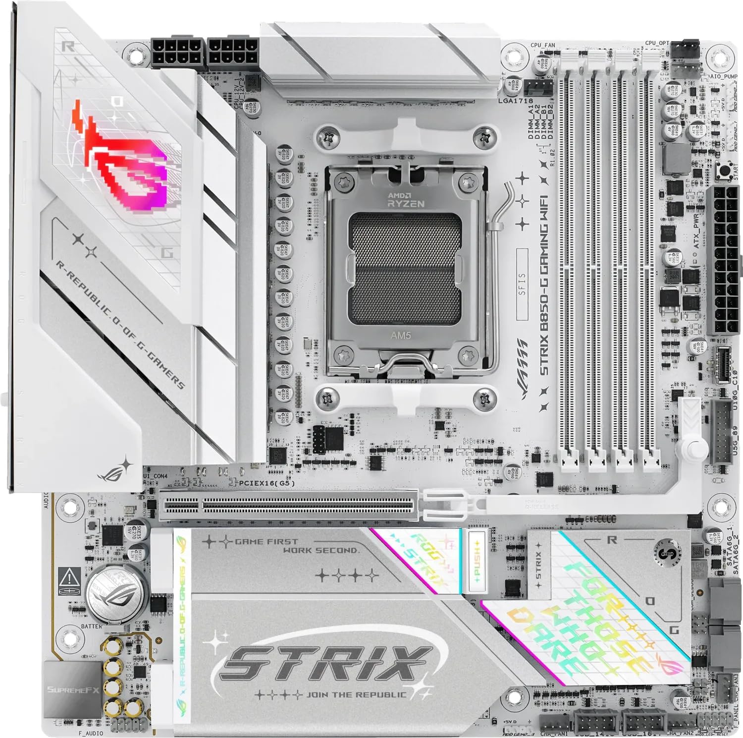 Asus Rog Strix B850-G Gaming Wi-Fi Amd Matx Motherboard, 14+2+1 Power Stages, Ddr5, Pcie 5.0 Slots, 4 M.2 Slots, Wi-Fi 7 (802.11Be) And 2,5 Gb Ethernet, 20 Gbps Usb-C, Aura Sync Rgb, White