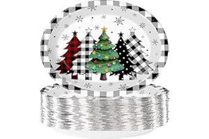GRENCIAN 100Pcs Christmas Oval Paper Plates 10" x 12" Heavy Duty Christmas Trees Black Buffalo Plaid Disposable Dessert Plates Xmas Tree Snowflake Platters for Xmas Winter Holiday Birthday Party Decorations