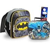 DC Comics Batman Mini Backpack with Lunch Box - Bundle with 12" Mini Backpack with Cape, Lunch Bag, More | Toddler Batman School Bag and Lunchbox Set