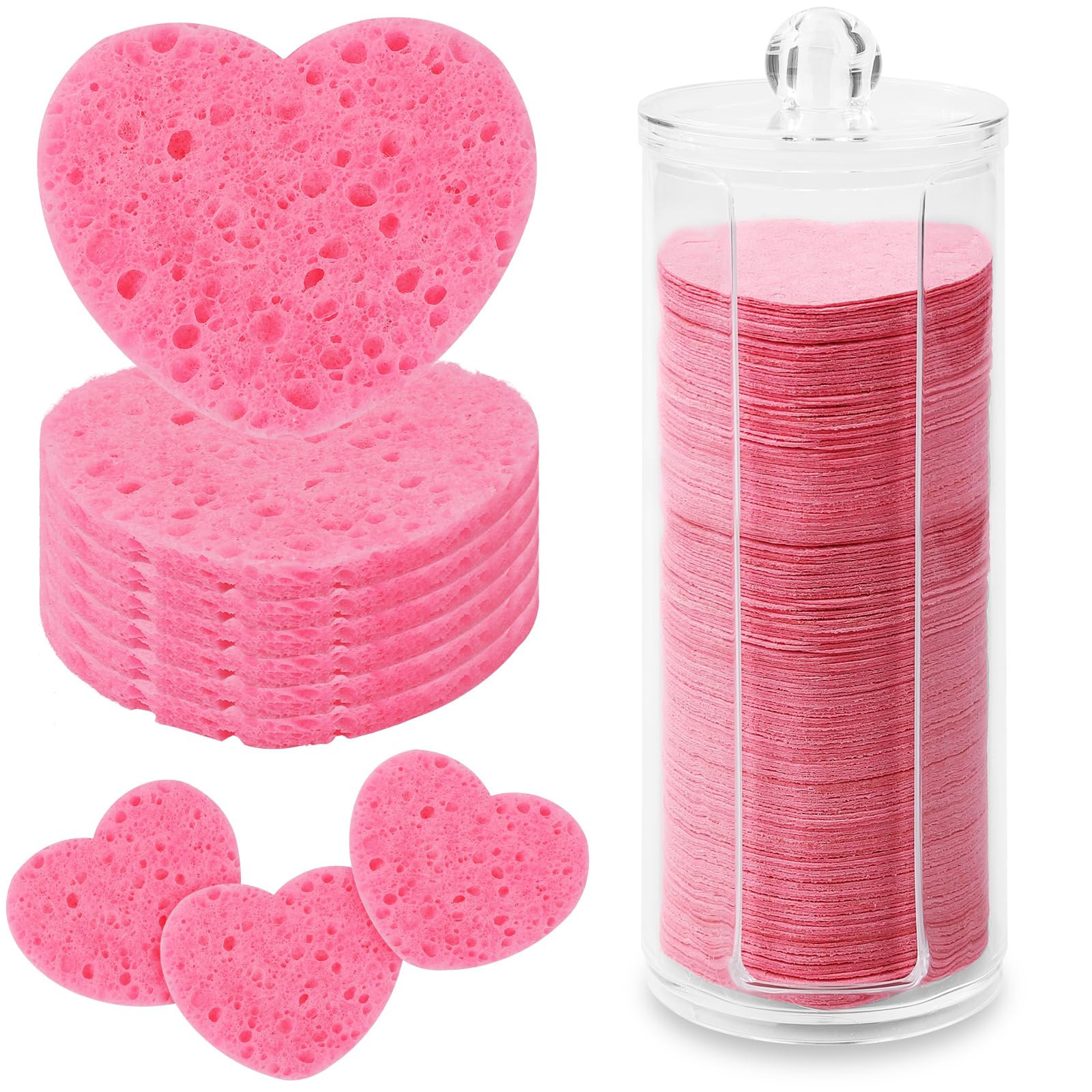 120pcs Facial Sponges, Compressed Facial Sponges Heart Shape Face Sponges with Container Disposable Sponge Pads for Face Cleaning Removing Makeup Exfoliating (Pink)