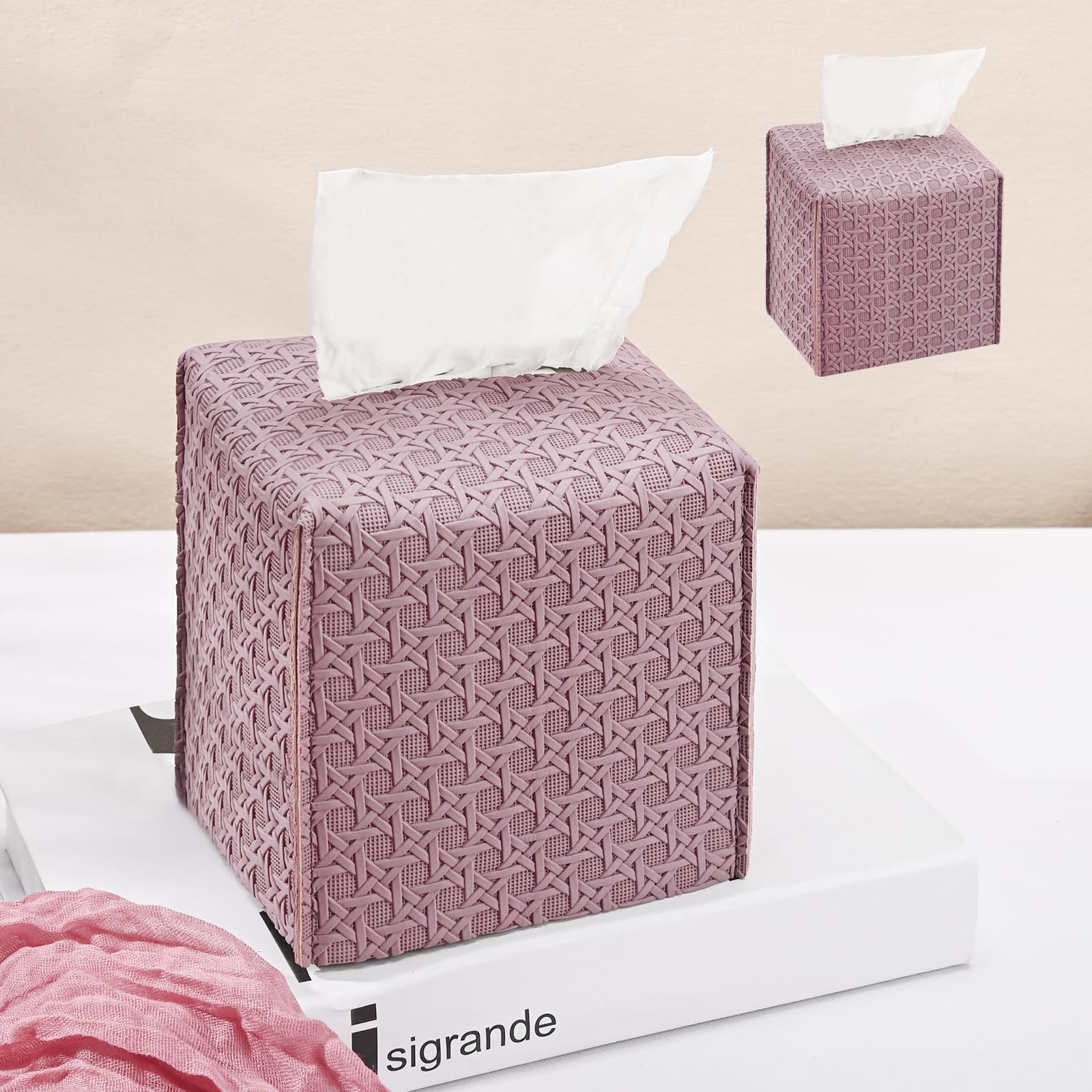HOMOTEK 2 Pack Tissue Box Cover, Square PU Leather Tissue Holder, Decorative Facial Tissue Cube Paper Organizer Dispenser for Bathroom, Night Stands, Desk, Car 5X5X5'' - Rattan Weave,Plum Red
