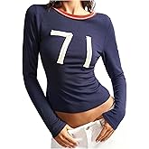 SOLY HUX Women's Number Graphic Tees Long Sleeve Crew Neck Ribbed Knit Tops Fitted T Shirt Fall Clothes