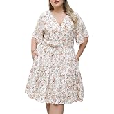 Nemidor Women Plus Size Summer Dress Casual Boho Mini Pocket | V neck, vintage ruffle short sleeve, elastic waist, size 14&ndash;26 plus, swing, A-line, beach, party, wedding guest, vacation