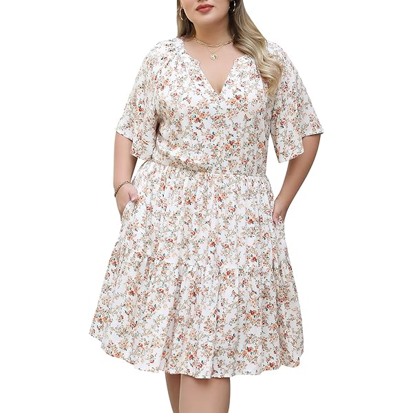 ABEWIP Women's Plus Size Summer Dresses Sundress Floral Wrap V Neck Short  Sleeve Ruffle Hem A Line Short Dress Light Blue XL at Amazon Women's  Clothing store