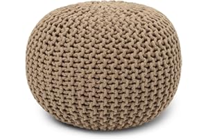 REDEARTH Round Pouf Ottoman - Hand Knitted Cable Boho Poof Home Décor Pouffe Circular Footrest for Living Room - Bedroom - Lounge - 100% Cotton (19.5"x19.5"x14") - Beige
