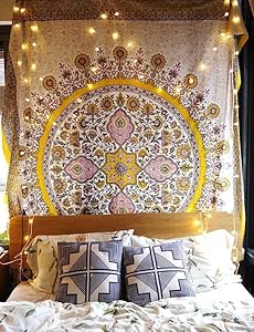 Flber Mandala Tapestry Wall Hanging Medallion Yellow Tapestry Dorm Curtain Decor,60" Wx 80" L