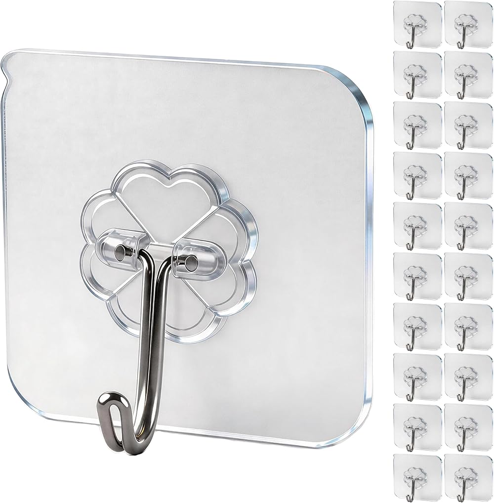 WOVU 20Pcs Heavy Duty Wall Hooks 15 kg Transparent Adhesive No Drill
