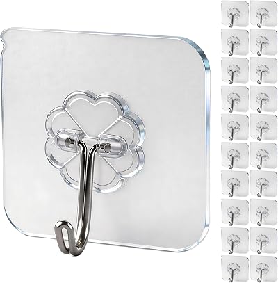 WOVU 20Pcs Heavy Duty Wall Hooks 15 kg Transparent Adhesive No Drill