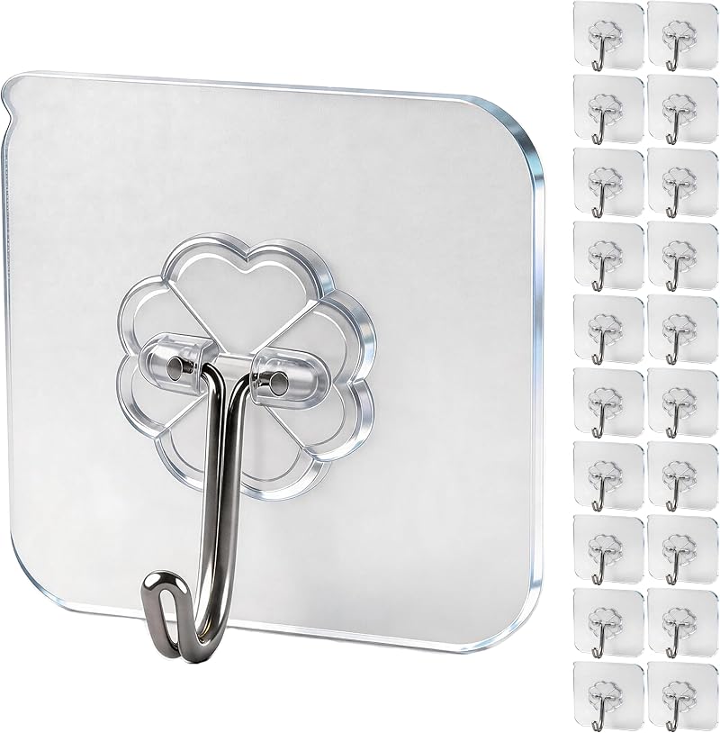 WOVU 20Pcs Heavy Duty Wall Hooks 15 kg Transparent Adhesive No Drill