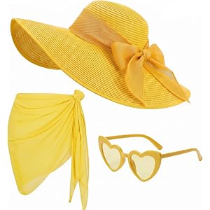 Funnysoft 3 Pcs Summer Beach Set for Women Wide Brim Straw Sun Hat, Swimsuit Coverup Sarong, Heart Sunglasses