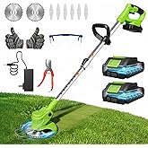 Cordless Weed Wacker Eater Brush Cutter Weed Trimmer with Blade Stringless | 2 X 2.0Ah Electric Weedwacker 21V Battery Powered with Charger - User Friendly Small Yards Grass Cutter for Seniors, Beginner