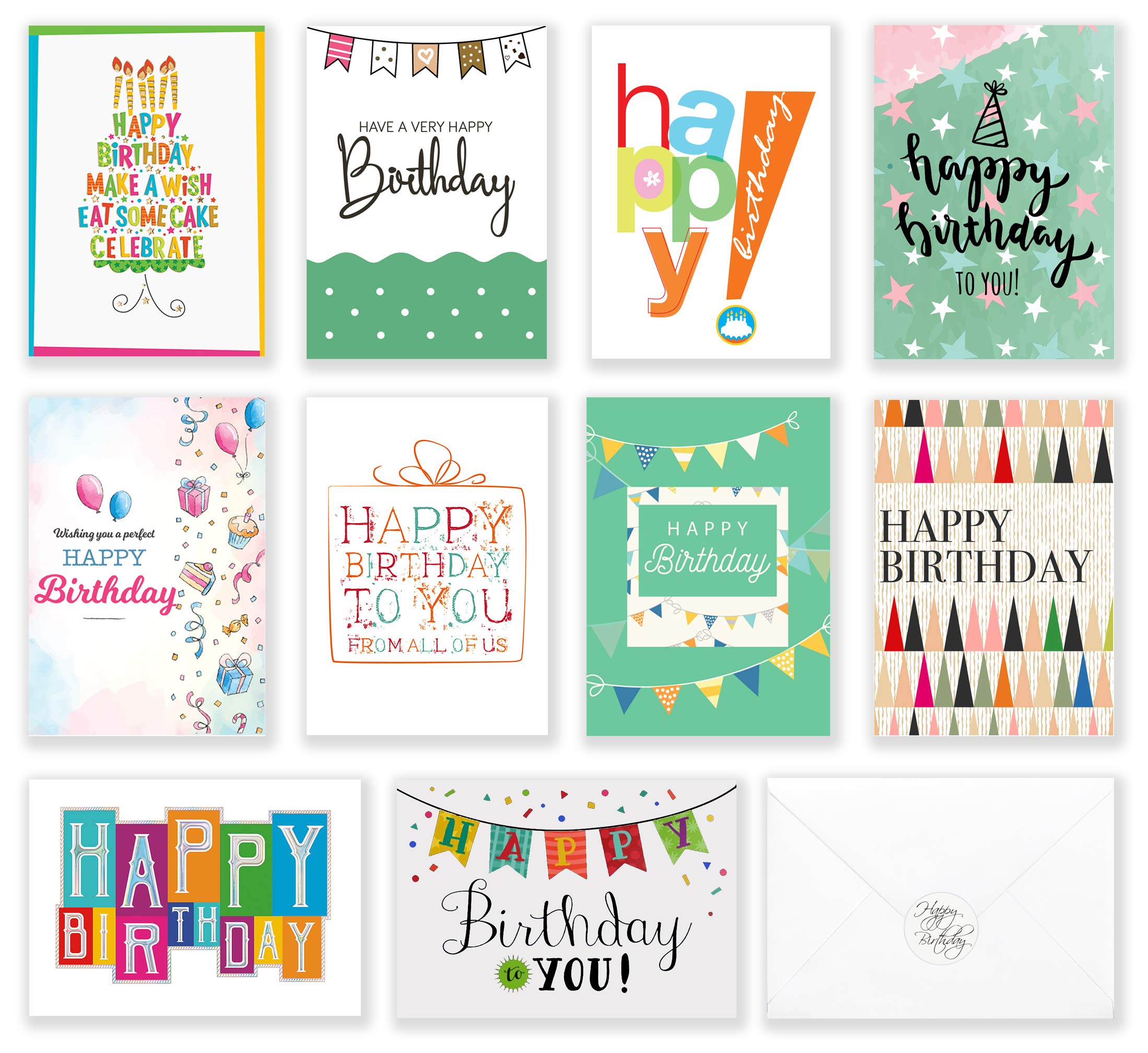 120 Happy Birthday Cards with Short Generic Message Inside, Assorted Greeting Notes Bulk with Envelopes and Stickers, 10 Unique Designs, 4x6 Inch