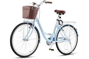 VIRIBUS Beach Cruiser Bike for Women, 24 26 inch Womens Bike 1 Speed with Front Basket & Rack, Step Through Comfort Bicycle for City Commuter, Retro Vintage Bicycle for Seniors Ladies Female