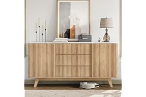 62" W Fluted Buffet Cabinet with Sliding Doors, Modern Sideboard Storage Cabinet with Power Outlet & 3 Drawers, Mid-Century C
