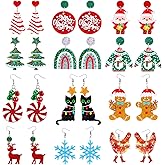 12 Pairs Christmas Earrings for Women Acrylic Holiday Earrings Bulk Xmas Tree Cake Gingerbread Reindeer Santa Candy Snowflake Black Cat Stud Dangle Earring Christmas Jewelry Accessories Gifts
