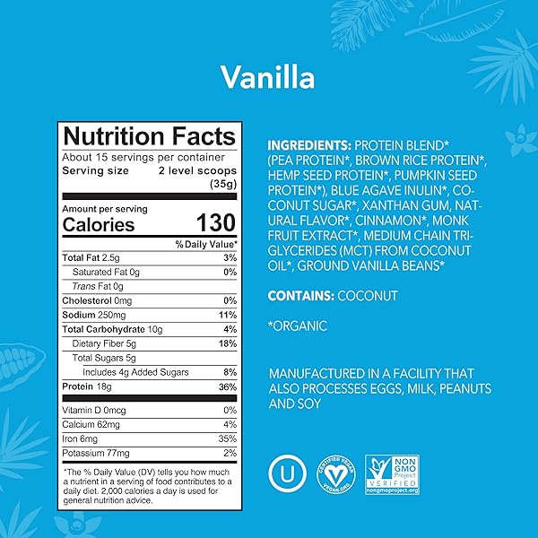 ALOHA ORGANIC PLANT BASED PROTEIN POWDER, STEVIA FREE, VANILLA, 19.6 OZ, 15 SERVINGS PACKAGING MAY VARY
