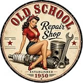 Old School Repair Shop Vintage Retro Pin-Up Vinyl Sticker, Round, 5, 8, and 12 Inch (5in)