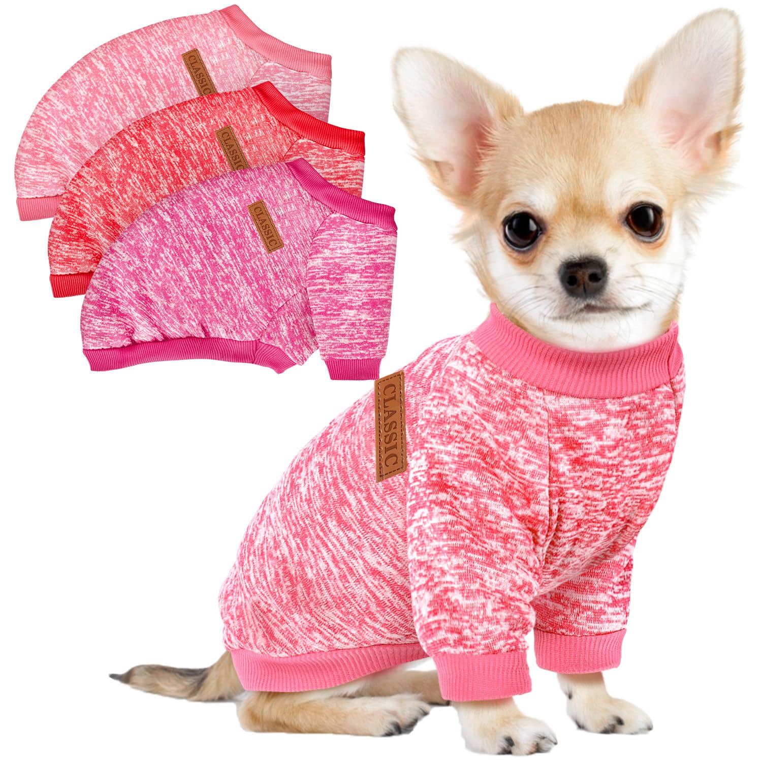 Photo 1 of 2 Pack Dog Sweaters for Small Dogs Girl Boy Winter Fleece Clothes Warm Soft Dog Sweatshirt Outfit for Dogs Cats Pet Apparel (Rose+Red+Pink, X-Small)