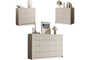 MAISONARIA 3-Piece Dresser Bedroom Set, 8 Drawer Dresser & 3 Drawer Nightstands with Gold Handles, Fluted Wood Chest of Drawers for Bedroom, Living Room, Entryway, Beige