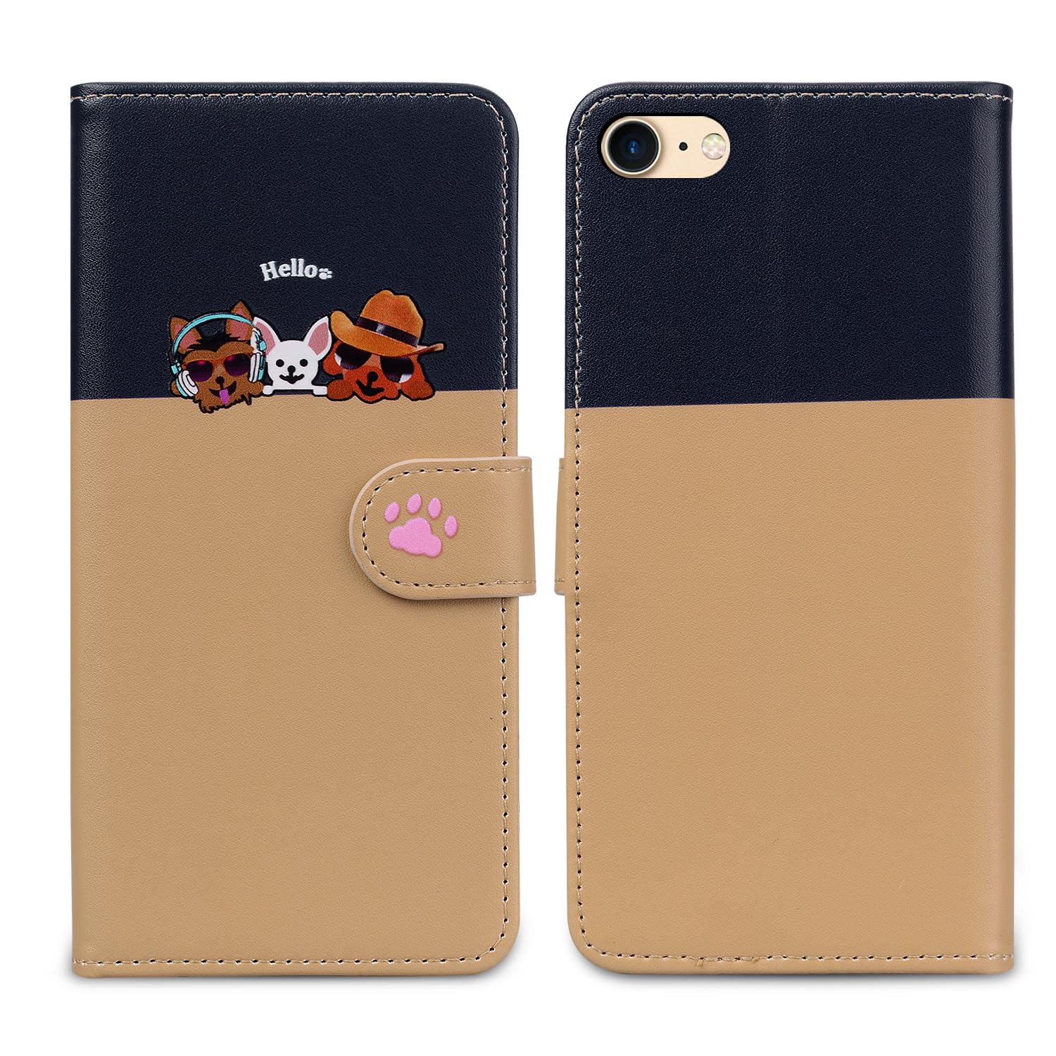 Nbziyoo Phone Case for iPhone 7/8,Cartoon Cats/Dogs Patterns Flip Wallet Case with Card Slots, Premium Magnetic PU Leather Cover Case for iPhone SE(2020)/SE(2022), Khaki