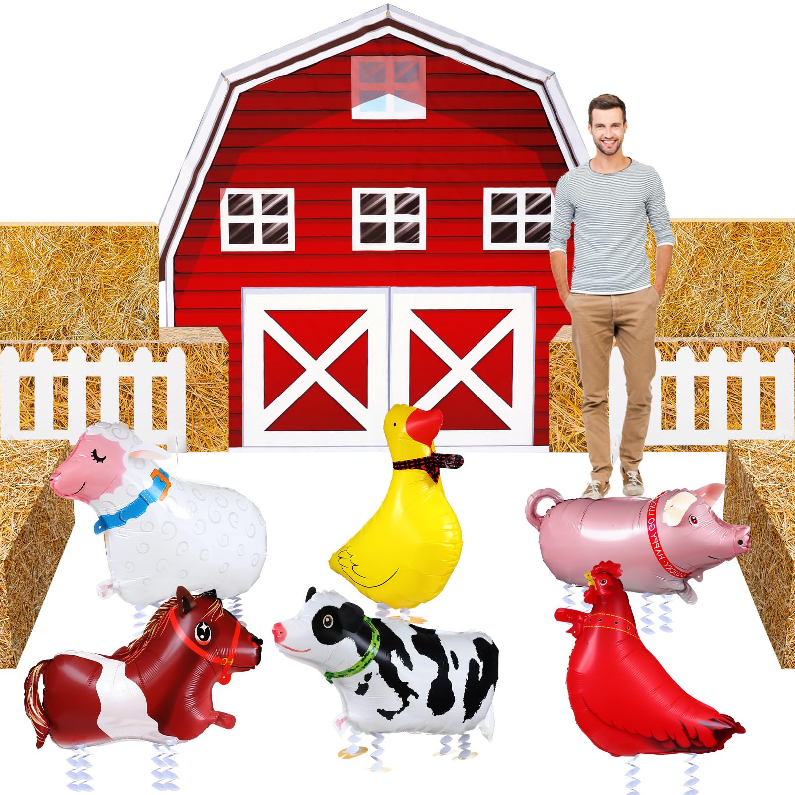 Photo 1 of VioraWhite 15 Pcs Farm Animal Barnyard Party Decorations Farm Birthday Party Supplies Farm Barn Door Backdrop Party Decor 6 Pcs Hay Paper Boxes 6 Pcs Inflatable Farm Animals Balloons 2 Pcs Fences