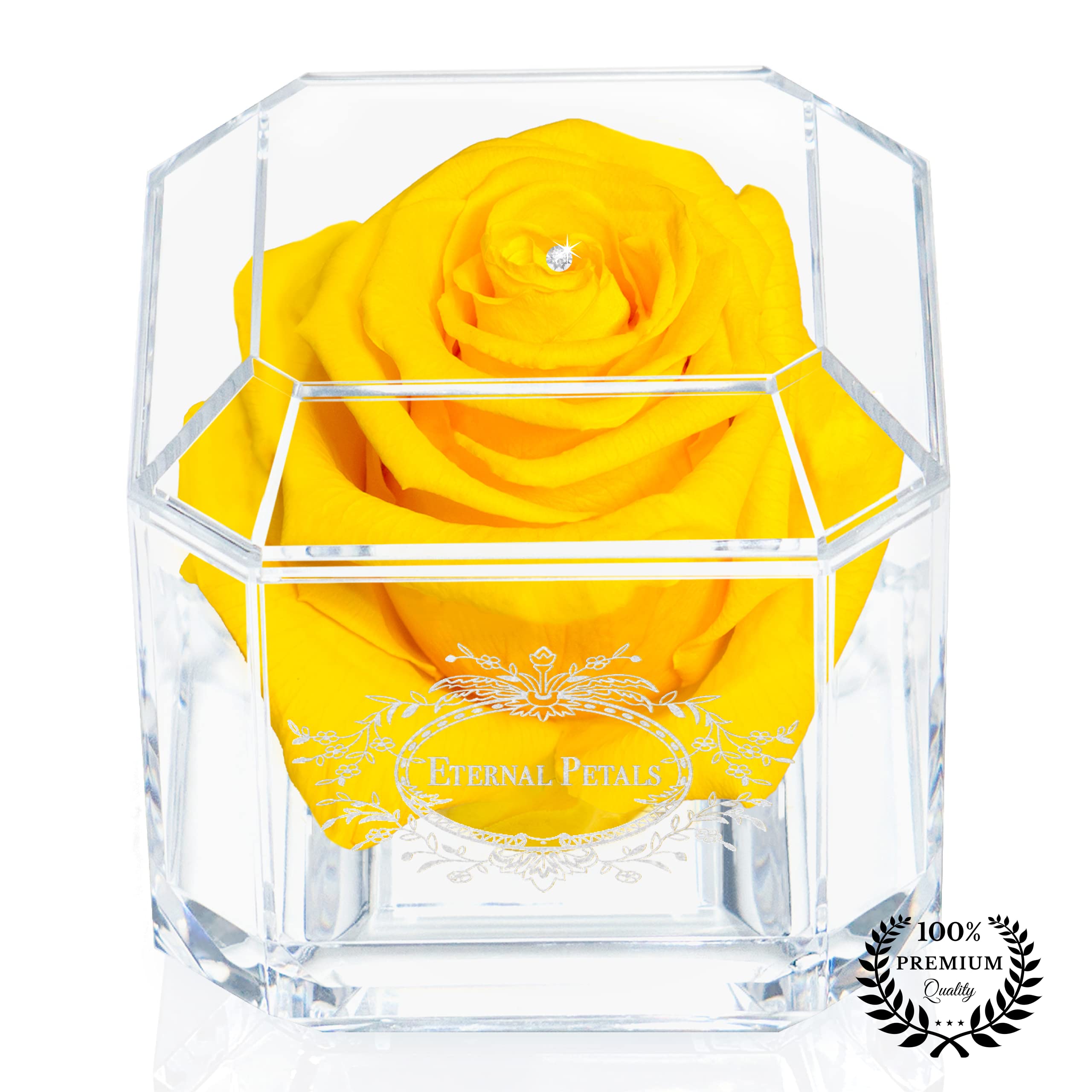 A 100% Real Rose That Lasts Years - Eternal Petals, Handmade in UK – White Gold Solo with A Clear Crystal (Yellow)