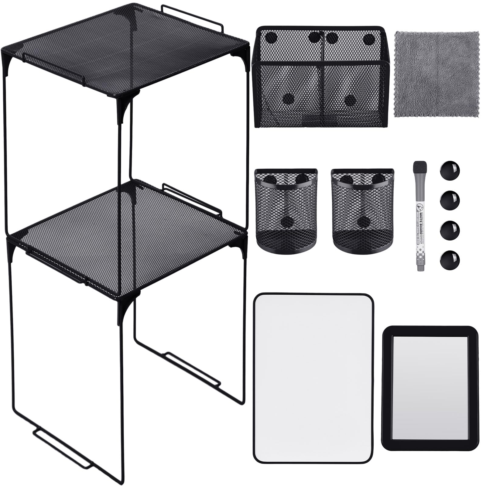 Photo 1 of Ctosree 13 Pcs Locker Organizer and Accessories Kit Stackable Mesh Locker Shelf, Pen Holder, Magnetic Mirror, Whiteboard, Cloth, Marker, Magnet for Classroom Back to School Essentials (Black)