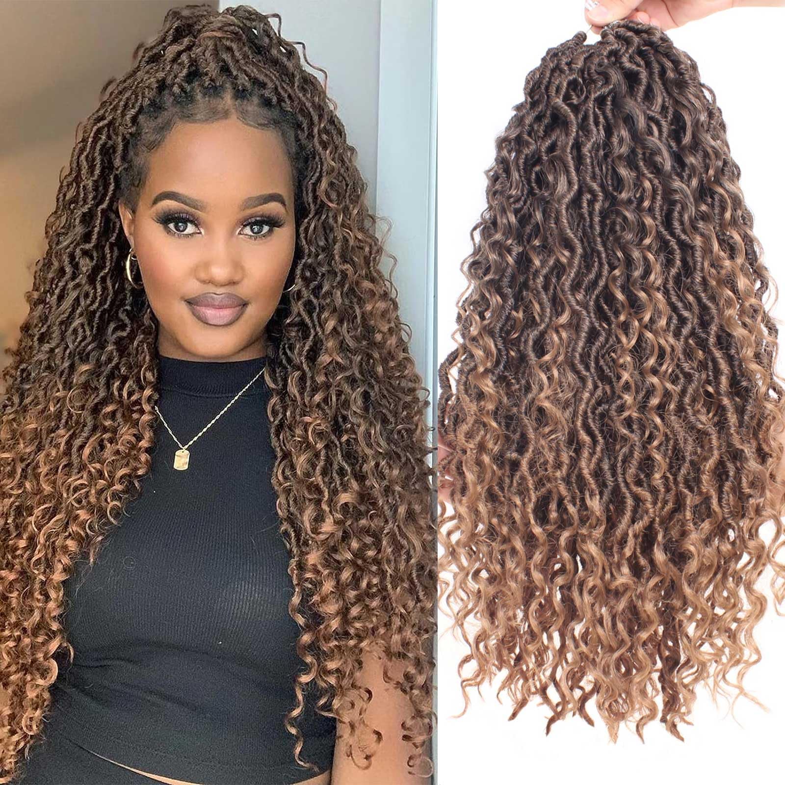 Xtrend 18Inch 8 Packs 14Strands/pack River Goddess Faux Locs Crochet Hair With Curly Hair In Middle And Ends Pre-Looped Crochet Braids Messy Bohemian Faux Locs Hair Extensions T27#