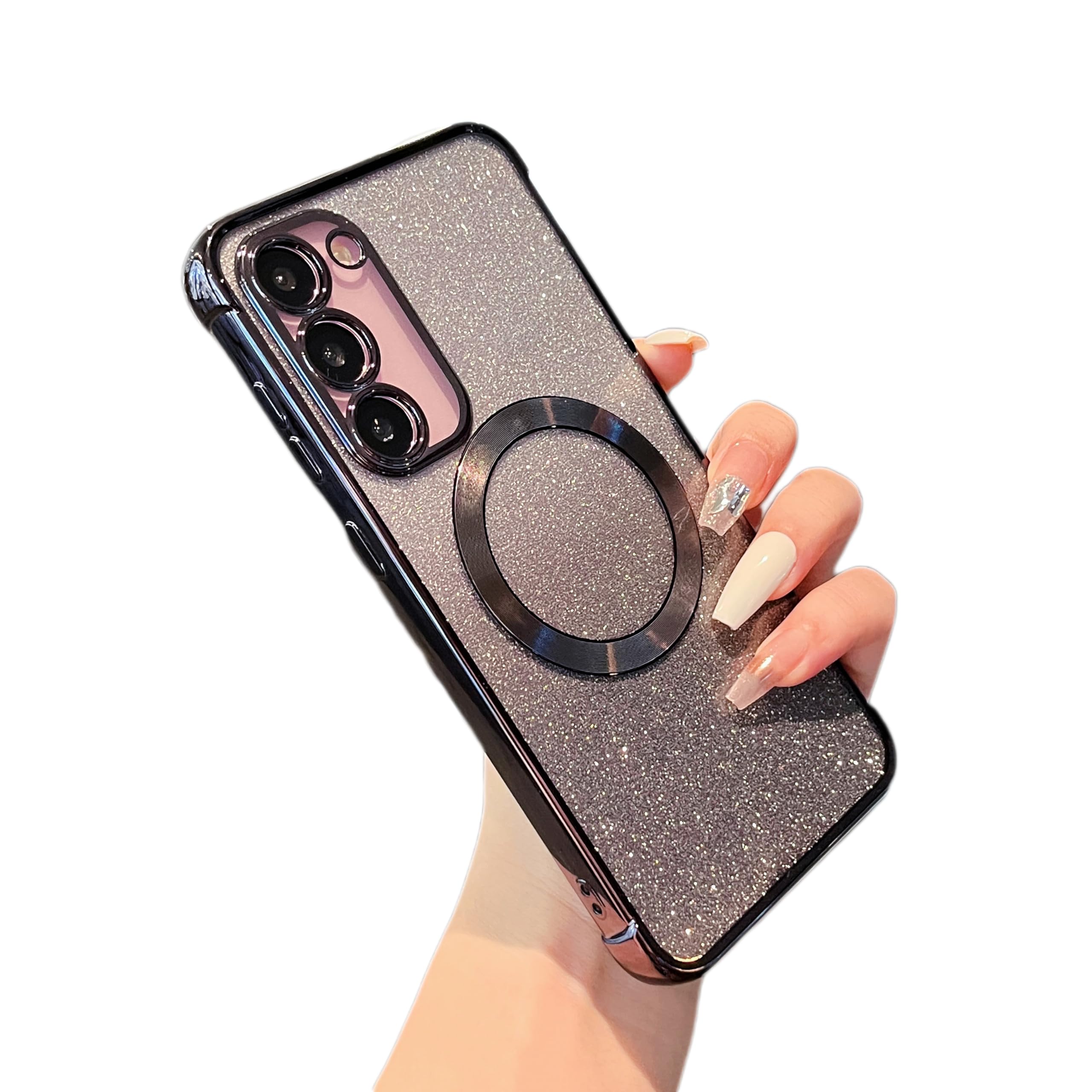 Photo 1 of ZTOFERA Clear Magnetic Case for Samsung Galaxy S23 Plus 5G with Gradient Glitter Peice(2 in 1), Luxury Plating Cute Transparent Bling Sparke Case for Women Girls,Shockproof TPU Protector Cover-Black