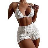 SOLY HUX Women's 2 Piece Swimsuits Halter Triangle Top with Shorts Bikini Set Bathing Suits
