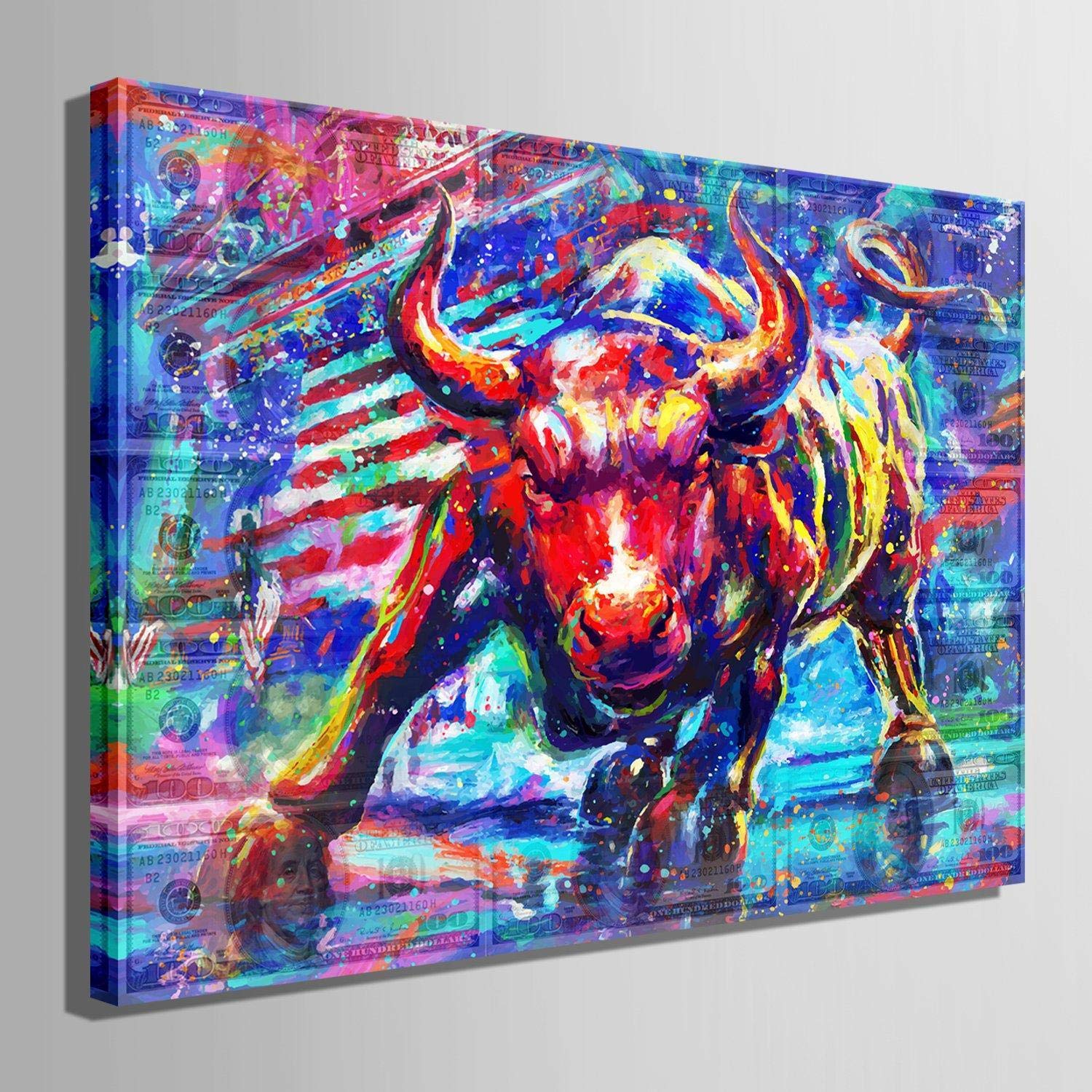 Faicai Graffiti Charging Bull Over The Dollar Bills Canvas Prints Motivational Poster 100 Usd Money Wall Art Modern Red Blue Wall Street Bull Painting For Office Home Wooden Framed Treasure 12 X16 Amazon In