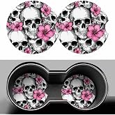 Skull and Flowers Car Cup Holder Coaster 2 Pack Absorbent Ceramic Car Coasters for Cup Holders Car Accessories Interior for Women Men Universal Anti Slip Cork Base Cup Coasters with Finger Notch