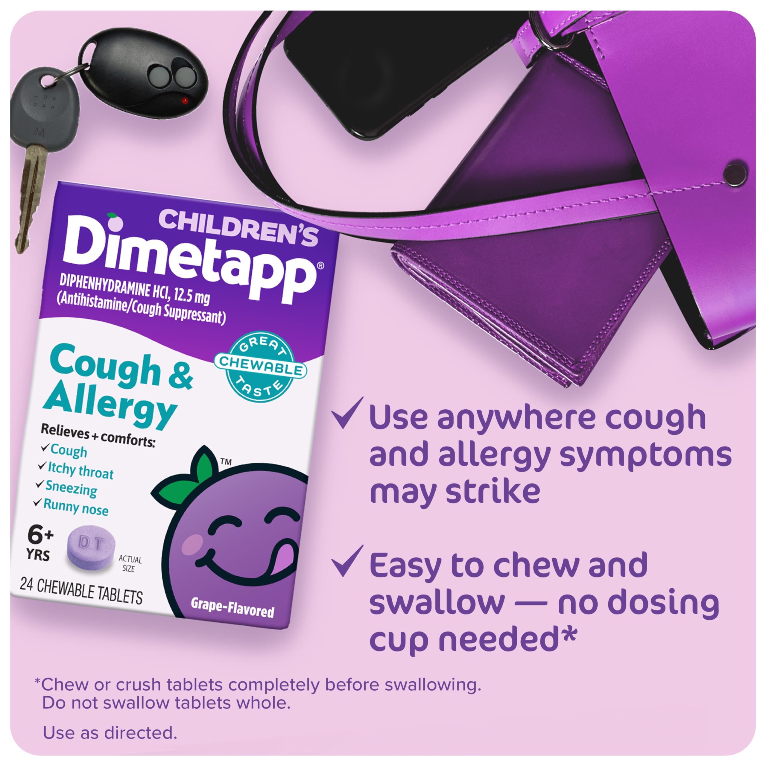 Children’s Dimetapp Fast-Acting Chewable Cough & Allergy Medicine, Antihistamine, Cough Suppressant, Grape Flavor, Relieves Cough, Itchy Throat, Sneezing & Runny Nose, 24 Chewable Tablets