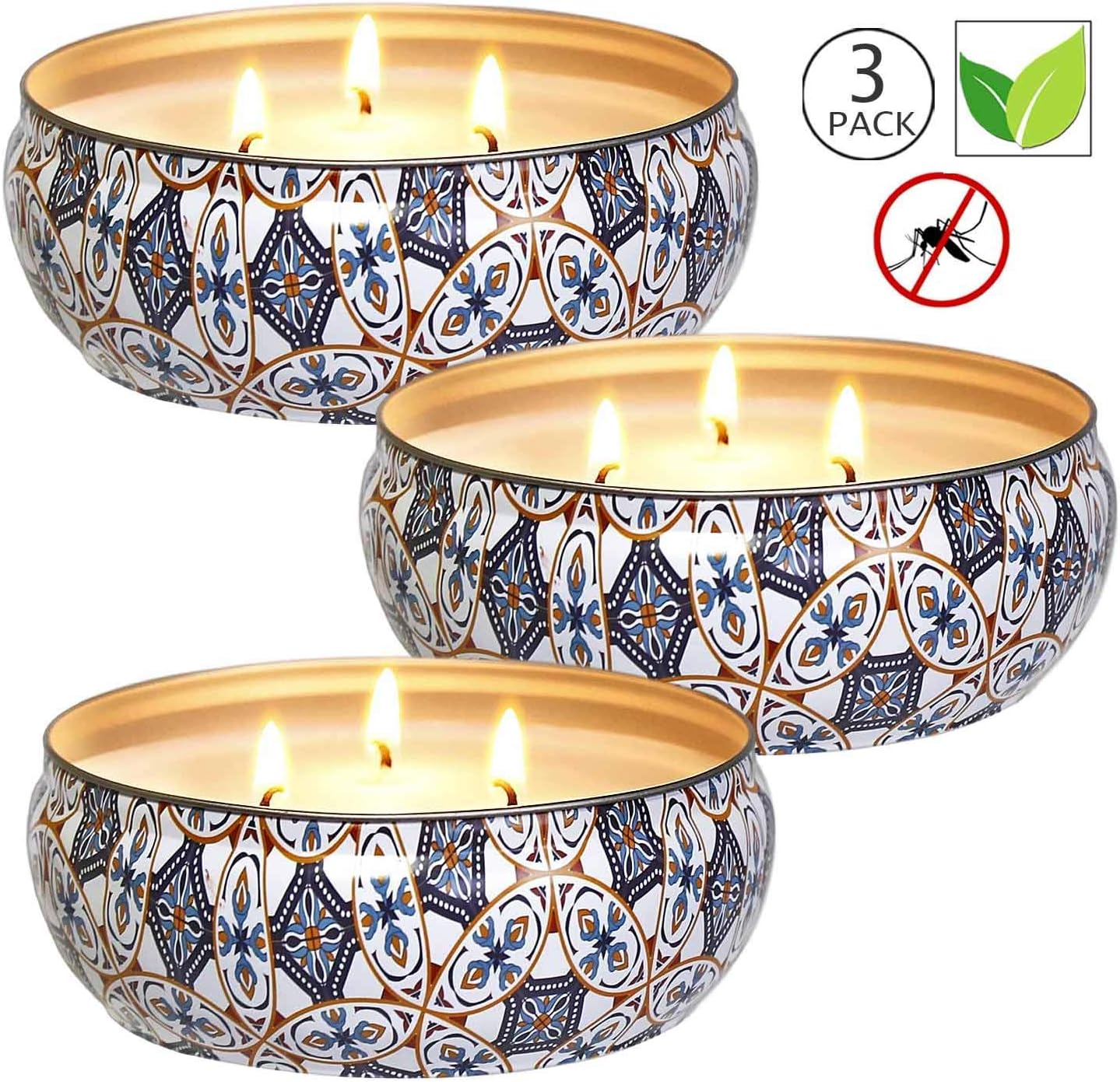 Citronella Candles Outdoor, 12 oz - Natural Scented Soy Wax Candles Travel Tin, 3 Wick Candles with 75 Hours Burning Time- 3 Pack