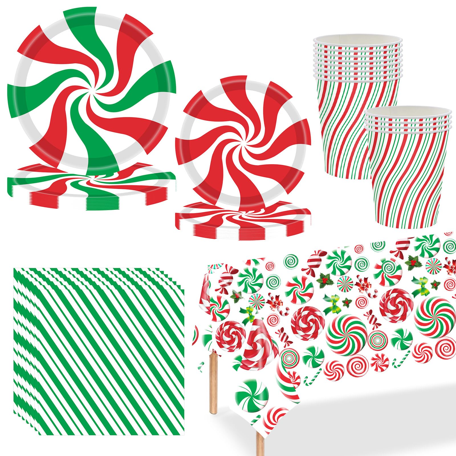 69pcs Christmas Party Tableware Set,Red White Lollipop Christmas Disposable Plates Napkins Cups and Xmax Tablecloth,Xmax Dinnerware Xmas Party Table Decorations for Christmas Party Supplie