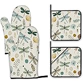 Vintage Dragonfly Oven Mitts and Pot Holders,Boho Heat Resistant Oven Mitts Gloves and Pot Holder for Home Kitchen Decorations Cooking Baking BBQ Gifts,Set of 4