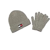 Tommy Hilfiger Boy's Fisherman Rib Cuff Hat and Gloves Set, Medium Grey Heather, 8-16
