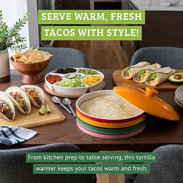 CHEF TACOS CERAMIC TORTILLA WARMER WITH LID, COLORFUL HOLDER, RAINBOW STORAGE CONTAINER FOR ROTI, PANCAKES (10-INCH, 25.4 CM)