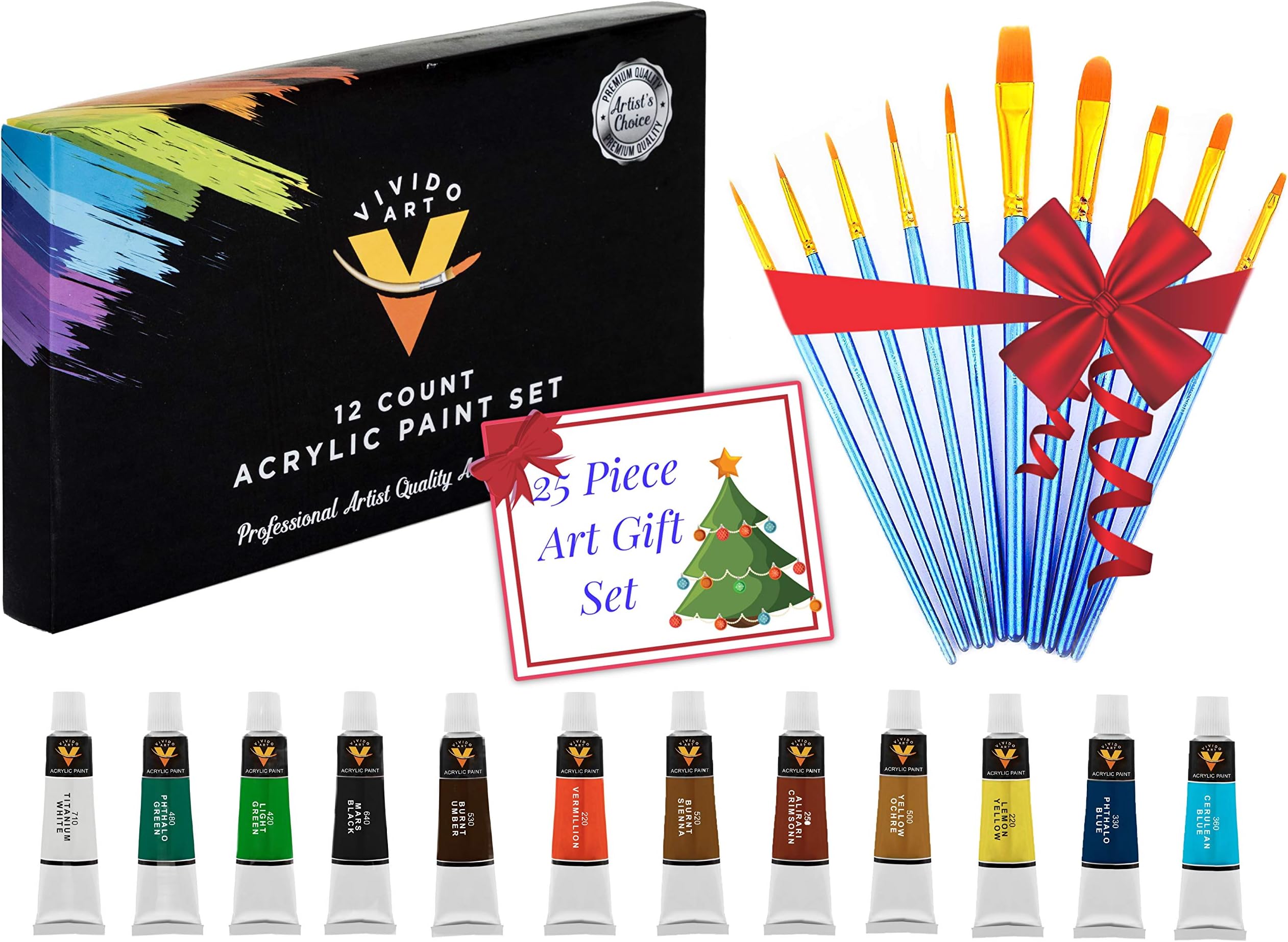 Paint Acrylic Paint Set & BONUS Paint Brushes Set for Artists - Gift for Artists - Paint for Canvas, Wood, Glass, Ceramic, Fabric, Crafts, Nails, Rocks, Models. Heavy Body Acrylic Paint Kit (12 Piece)