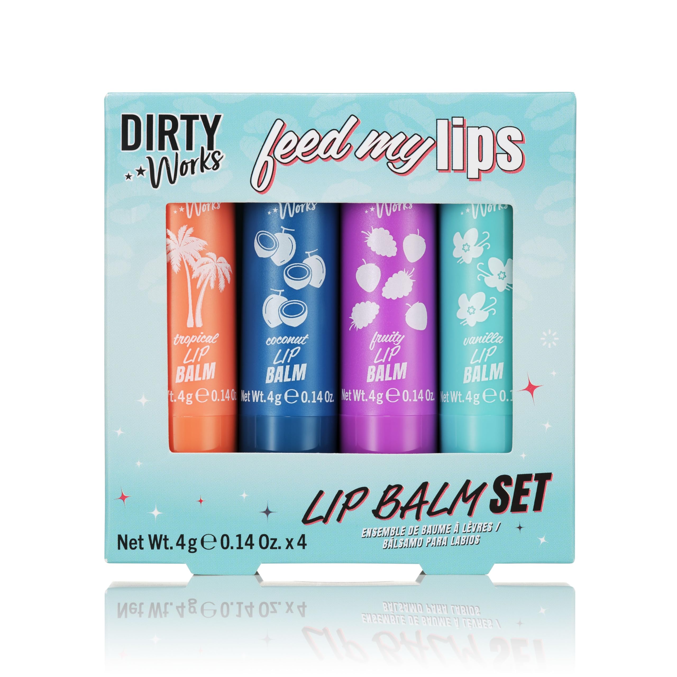 Dirty Works Feed My Lips Lip Balm Gift Set – 4 Lip Tubes in Assorted Flavours, Hydrating Lip Care Collection