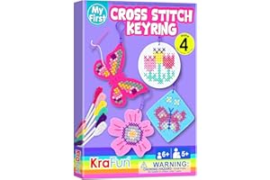 KRAFUN Cross Stitch Kits for Kids Beginners, 4 Cross Stitching Keyrings Arts & Crafts with Butterfly and Flower, Needlepoint Embroidery Kit for Girls 5-13 Craft Kit Backpack Charms, Ornaments