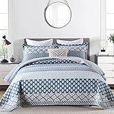 PERHOM Blue Quilt Queen Size - Queen Quilt Set, 100% Long-Staple Cotton Floral Quilt Bedding Set Bedspreads, Patchwork Reversible Lightweight Comforter Bed Spread for All Season, Blue/Gray, 3 Pieces