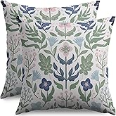 sorfbliss Blue Green Floral Pillow Covers 18x18 Set of 2 Spring Summer Navy Pink Flower Sage Leaves Block Print Decorative Throw Pillow Cases Outdoor Farmhouse Decoration for Sofa Couch Bed