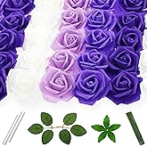 Vignor 100 Pcs 3 Inch Artificial Flowers Bulk 5 in 1 Set Faux Foam Fake Rose Head Wedding Decoration Bridal Shower Centerpiece Arrangement Wall Table Decor DIY Craft (4 Shades of Purple White)