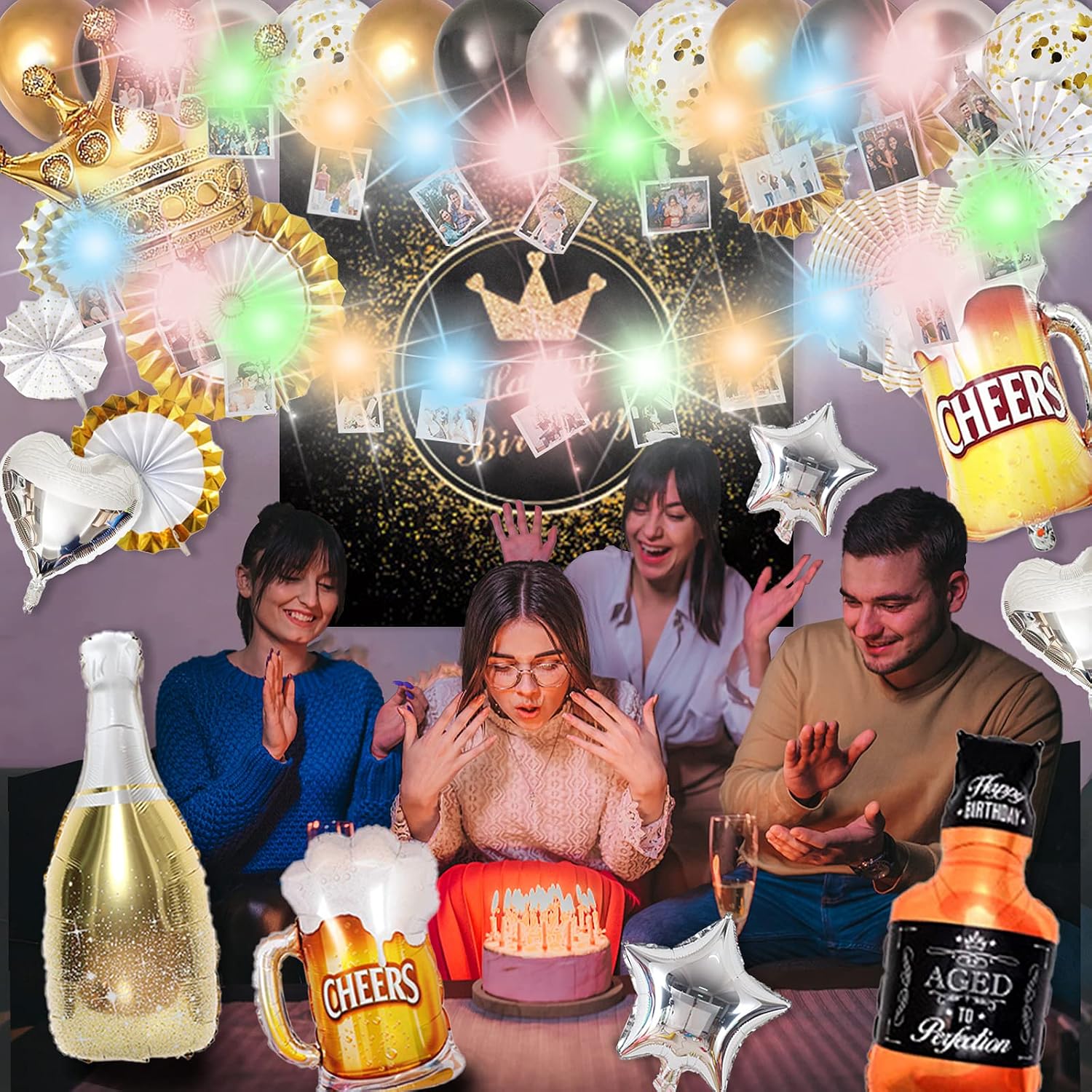 Adult Birthday Party Decoration for Men and Women Gold Theme Happy Birthday Poster Supplies Set With String Light for Charming night- All Total 79 Pcs - Image 5