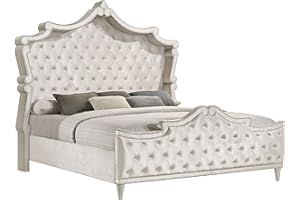 Coaster Home Furnishings Antonella Modern Classic 4-Piece Bedroom Set Velvet Upholstered California King Size Panel Bed Frame 79-inch Headboard Ivory and Camel 223521KW-S4