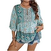 WDIRARA Women's Plus Size Boho Floral Print Ruffle Hem Blouse Tie Front 3/4 Sleeve Peplum Top