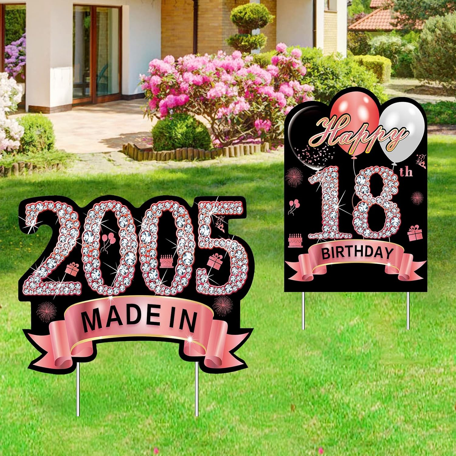 Yard Signs - 2Pcs Rose Gold 18th Birthday Yard Sign Decorations for Girls Women, Happy 18th Birthday Made in 2005 Lawn Sign Party Supplies, Eighteen Year Old Birthday Yard Decor with Stakes
