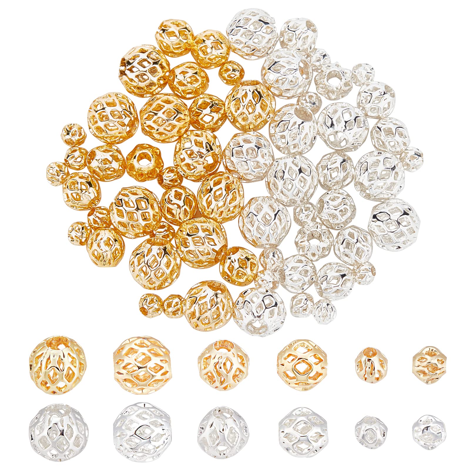 PH PandaHall 3 Sizes 18K Gold Plated Beads 60pcs Round Hollow Bead, Golden Silver Filigree Bead Metal Spacer Beads for DIY Crafts Summer Bracelets Necklaces Earrings Jewellery Making, 4/6/8mm