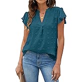 Blooming Jelly Womens White Blouse V Neck Ruffle Sleeve Flowy Shirts Dressy Casual Cute Summer Tops